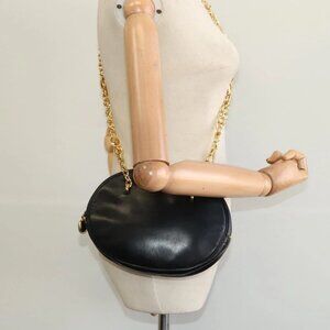 Christian Dior Chain Shoulder Bag Leather Black Gold Auth